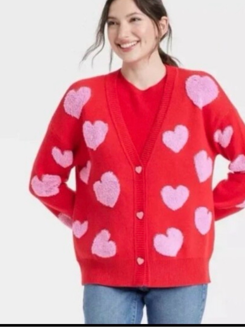33 degrees Red Cardigan Sweater with Pink Heart Pattern M- see measurements